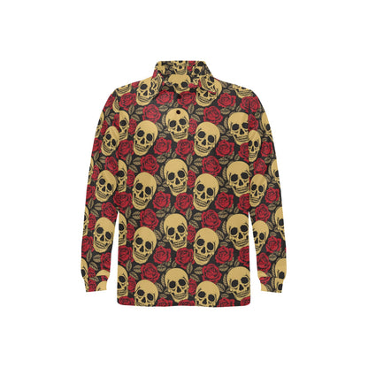 Skull And Roses Print Design LKS302 Long Sleeve Polo Shirt For Men's