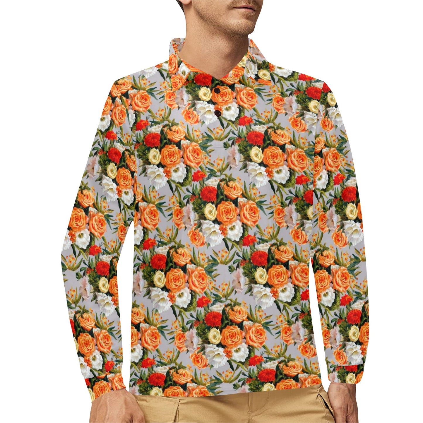 Lisianthus Pattern Print Design LT04 Long Sleeve Polo Shirt For Men's