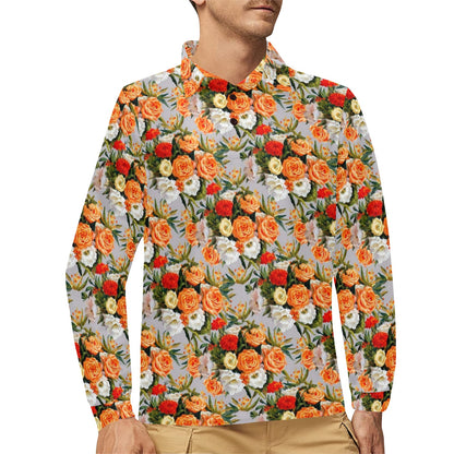 Lisianthus Pattern Print Design LT04 Long Sleeve Polo Shirt For Men's