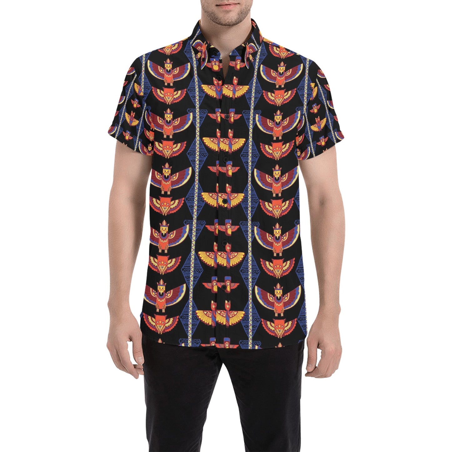 Totem Print Design LKS301 Men Short Sleeve Button Up Shirt