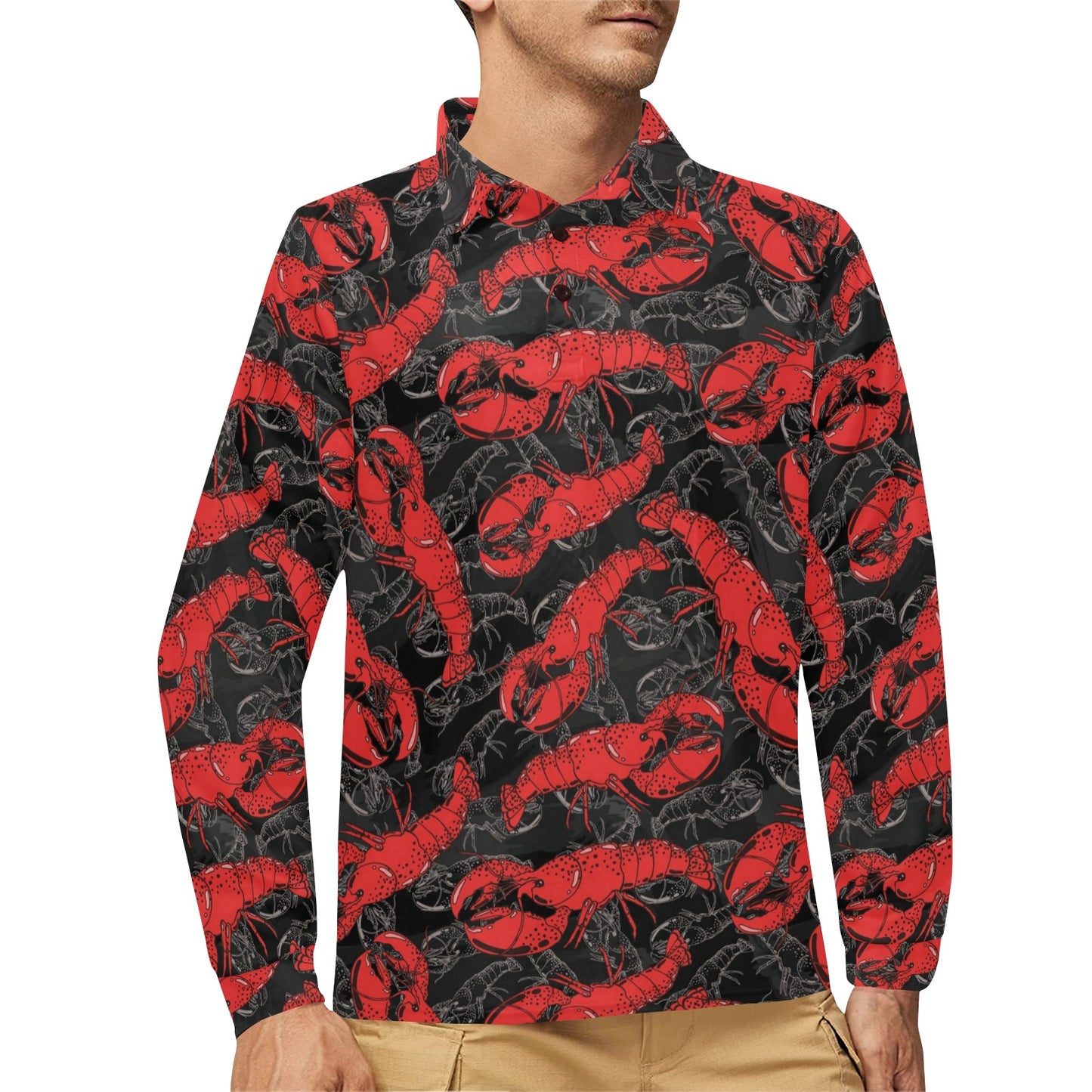 Lobster Pattern Print Design 04 Long Sleeve Polo Shirt For Men's