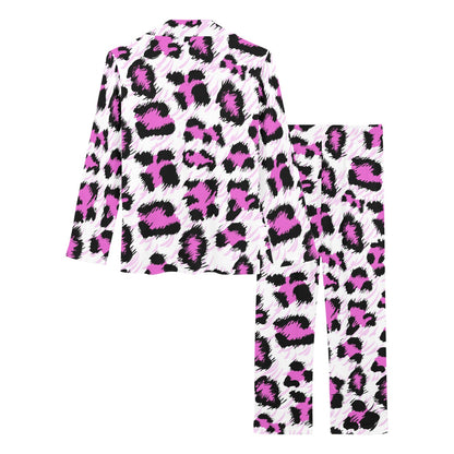 Leopard Pink Skin Print Women's Long Pajama Set