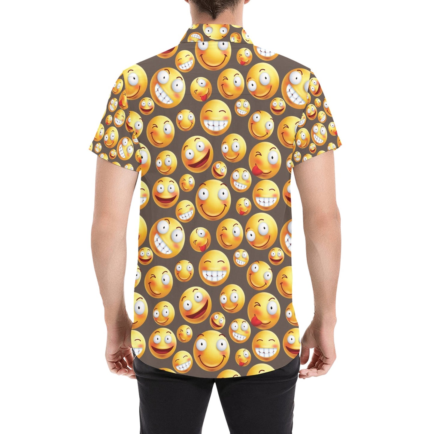 Smiley Face Emoji Print Design LKS303 Men Short Sleeve Button Up Shirt