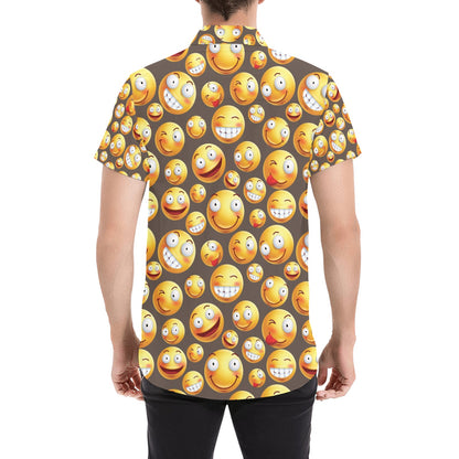Smiley Face Emoji Print Design LKS303 Men Short Sleeve Button Up Shirt