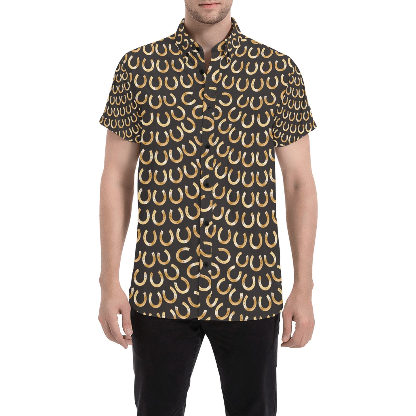 Horseshoe Print Design LKS304 Men Short Sleeve Button Up Shirt