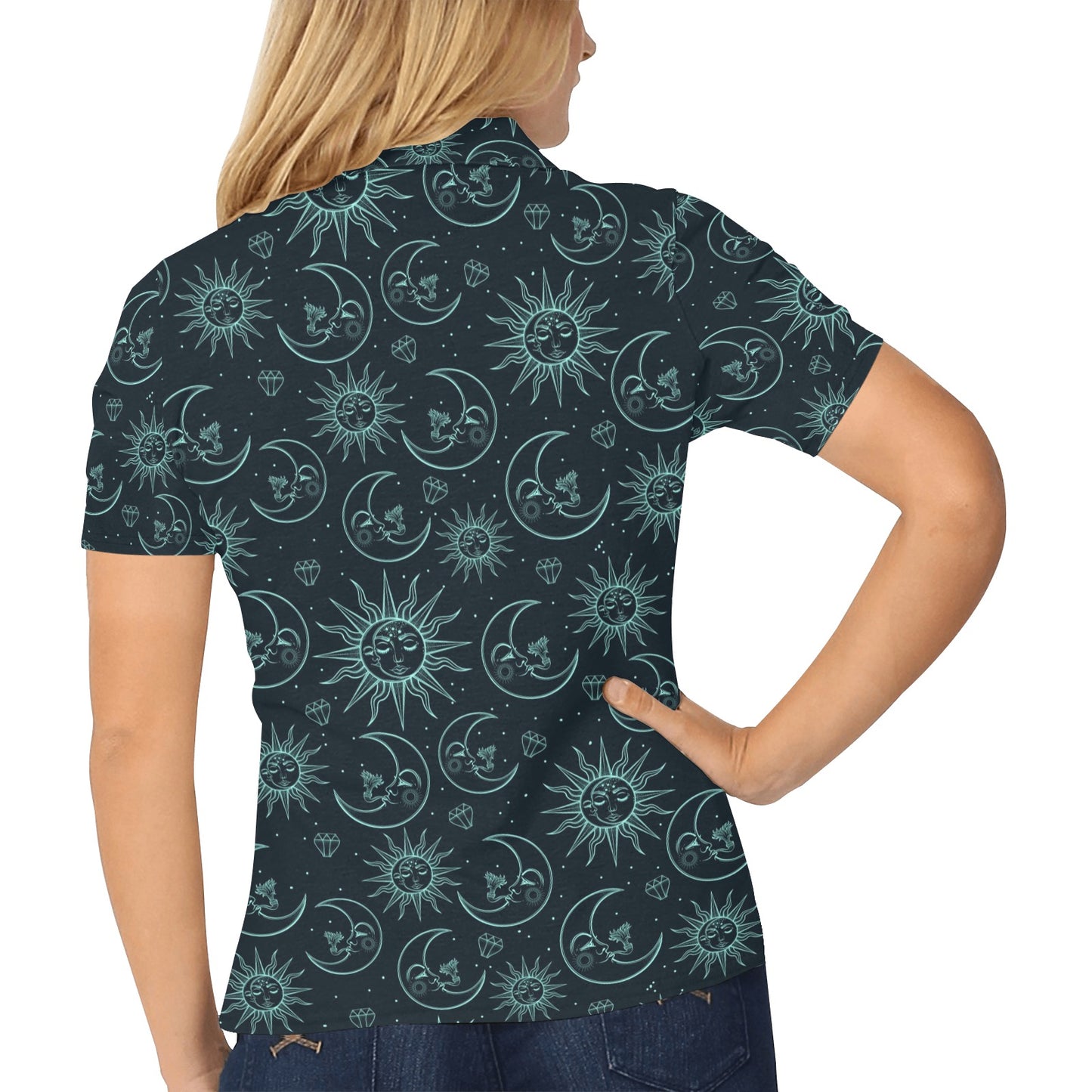 Sun Moon Magic Design Themed Print Women's Polo Shirt