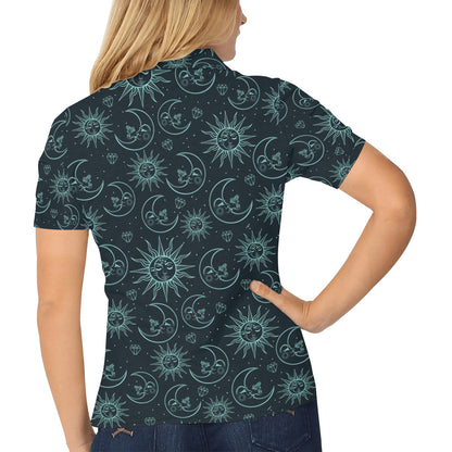 Sun Moon Magic Design Themed Print Women's Polo Shirt