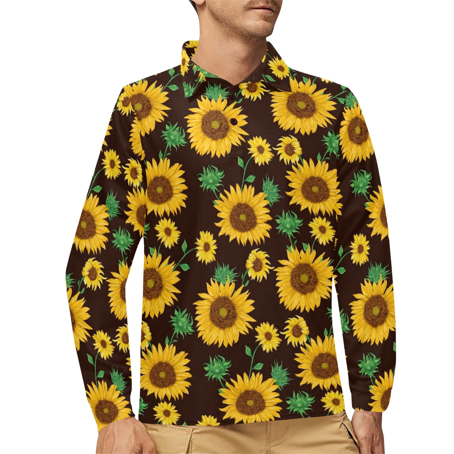 Sunflower Pattern Print Design SF01 Long Sleeve Polo Shirt For Men's