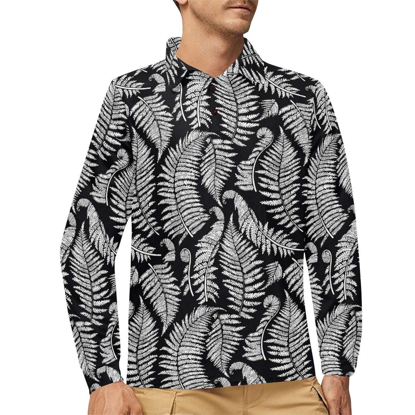 Fern Leave Black White Print Pattern Long Sleeve Polo Shirt For Men's