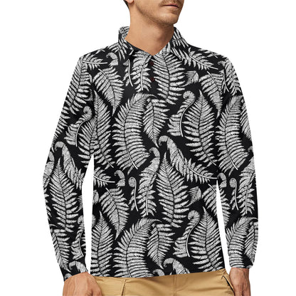 Fern Leave Black White Print Pattern Long Sleeve Polo Shirt For Men's