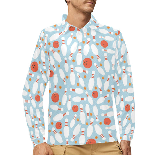 Bowling Pattern Print Design 09 Long Sleeve Polo Shirt For Men's