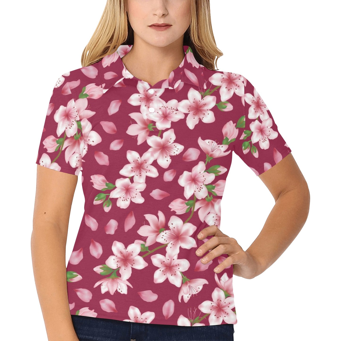 Cherry Blossom Pattern Print Design CB06 Women's Polo Shirt