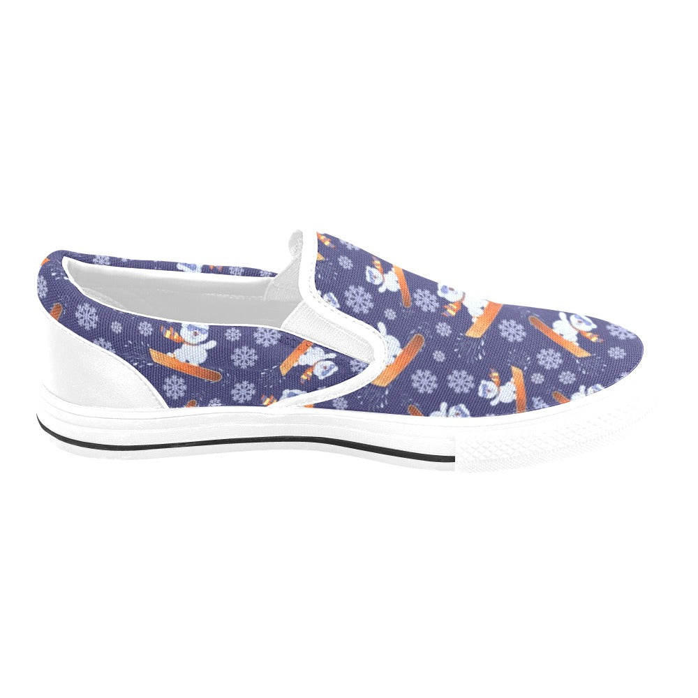 Snowboard Bear Print Design LKS305 White Slip Ons Canvas Women's Shoes