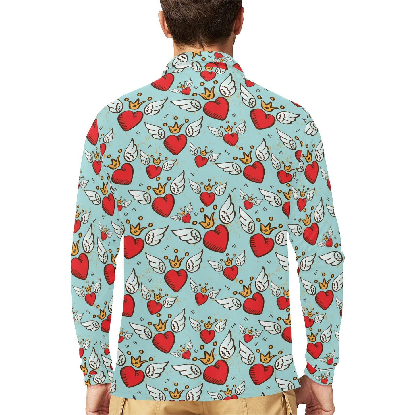 Angel Wings Heart Pattern Print Design 02 Long Sleeve Polo Shirt For Men's