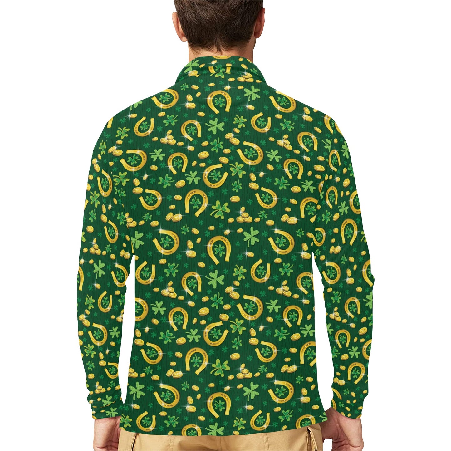 Shamrock Horse Shoes Saint Patrick's Day Print Design LKS307 Long Sleeve Polo Shirt For Men's