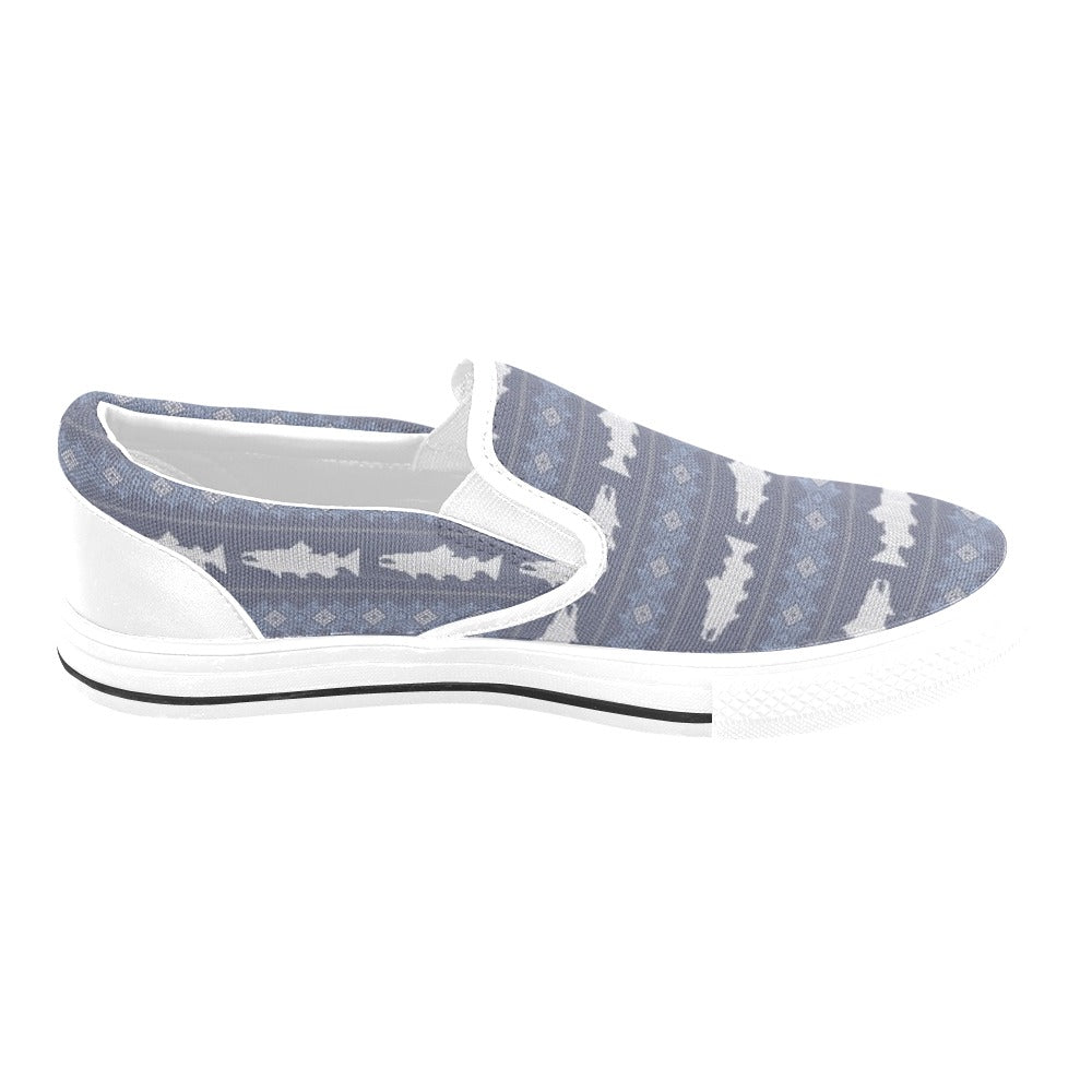 Salmon Fish Knit Style Print Design LKS304 White Slip Ons Canvas Women's Shoes