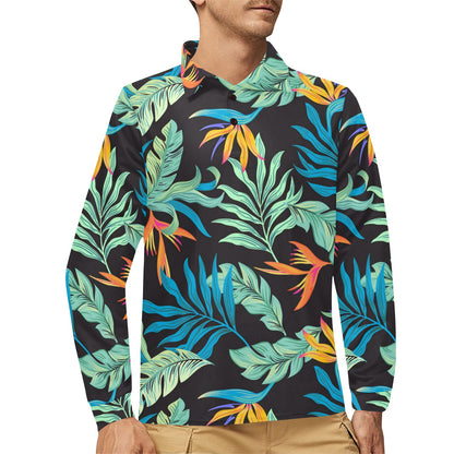 Tropical Palm Leaves Hawaiian Flower Long Sleeve Polo Shirt For Men's