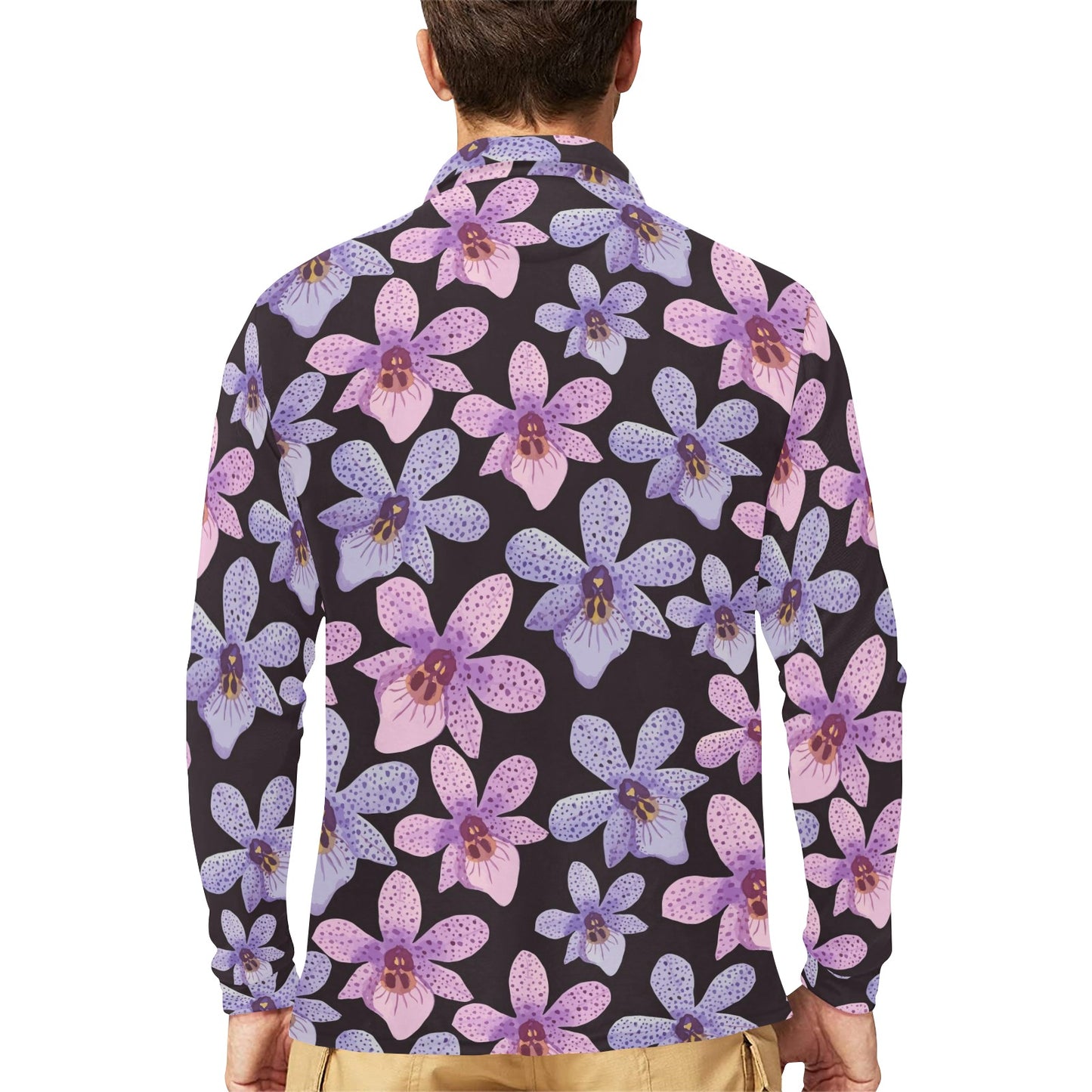 Orchid Pattern Print Design OR08 Long Sleeve Polo Shirt For Men's