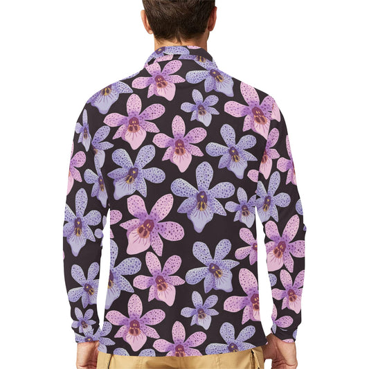 Orchid Pattern Print Design OR08 Long Sleeve Polo Shirt For Men's