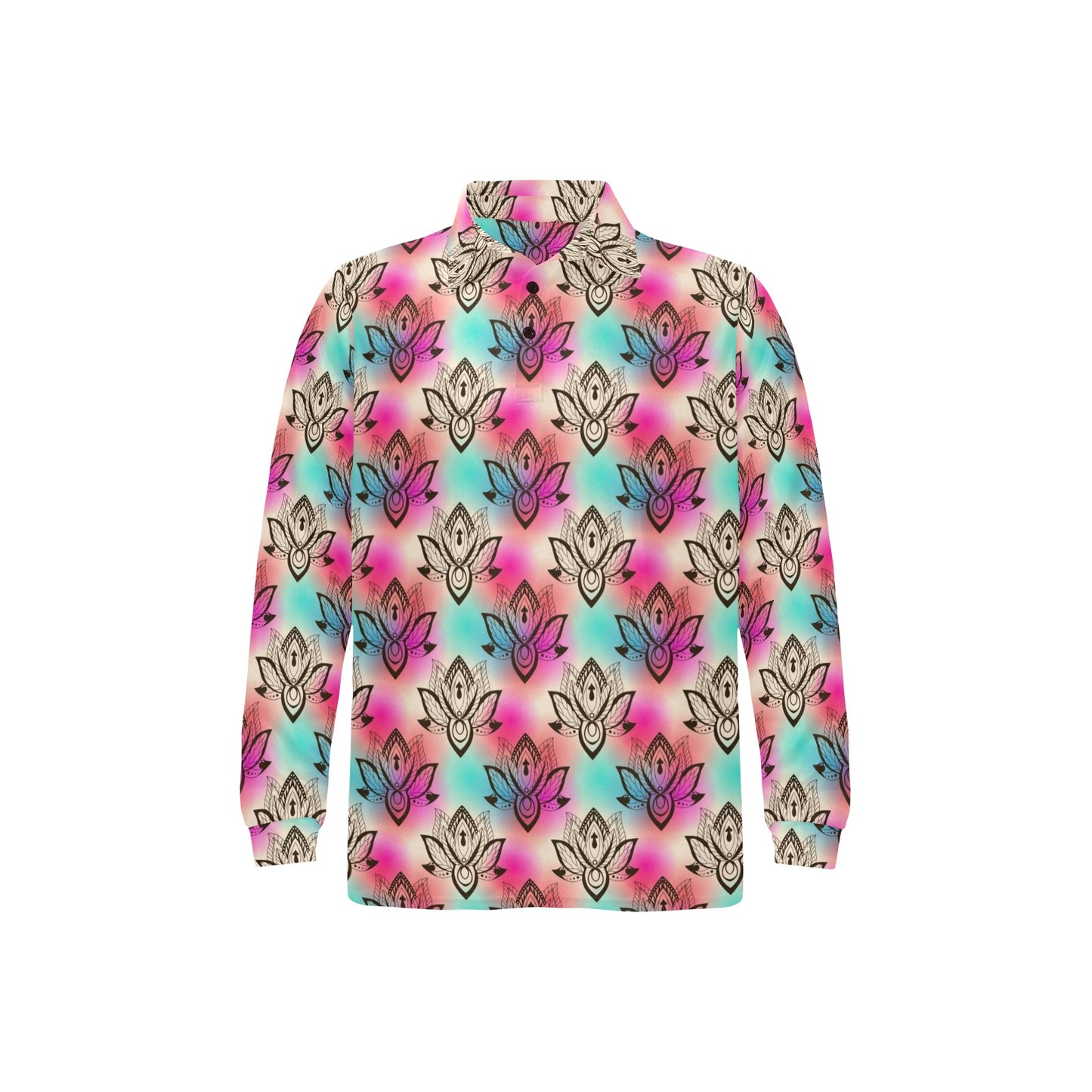 lotus Boho Pattern Print Design LO02 Long Sleeve Polo Shirt For Men's