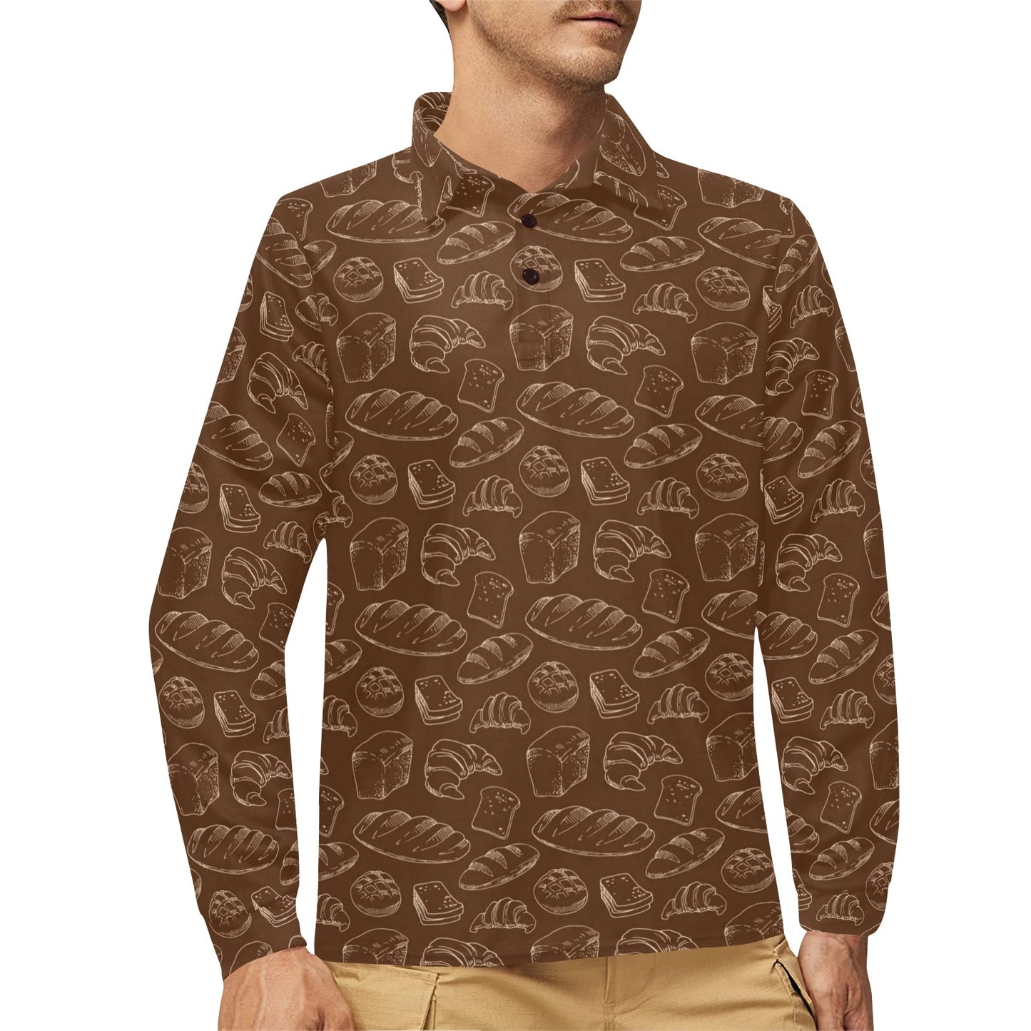 Bread Pattern Print Design 02 Long Sleeve Polo Shirt For Men's