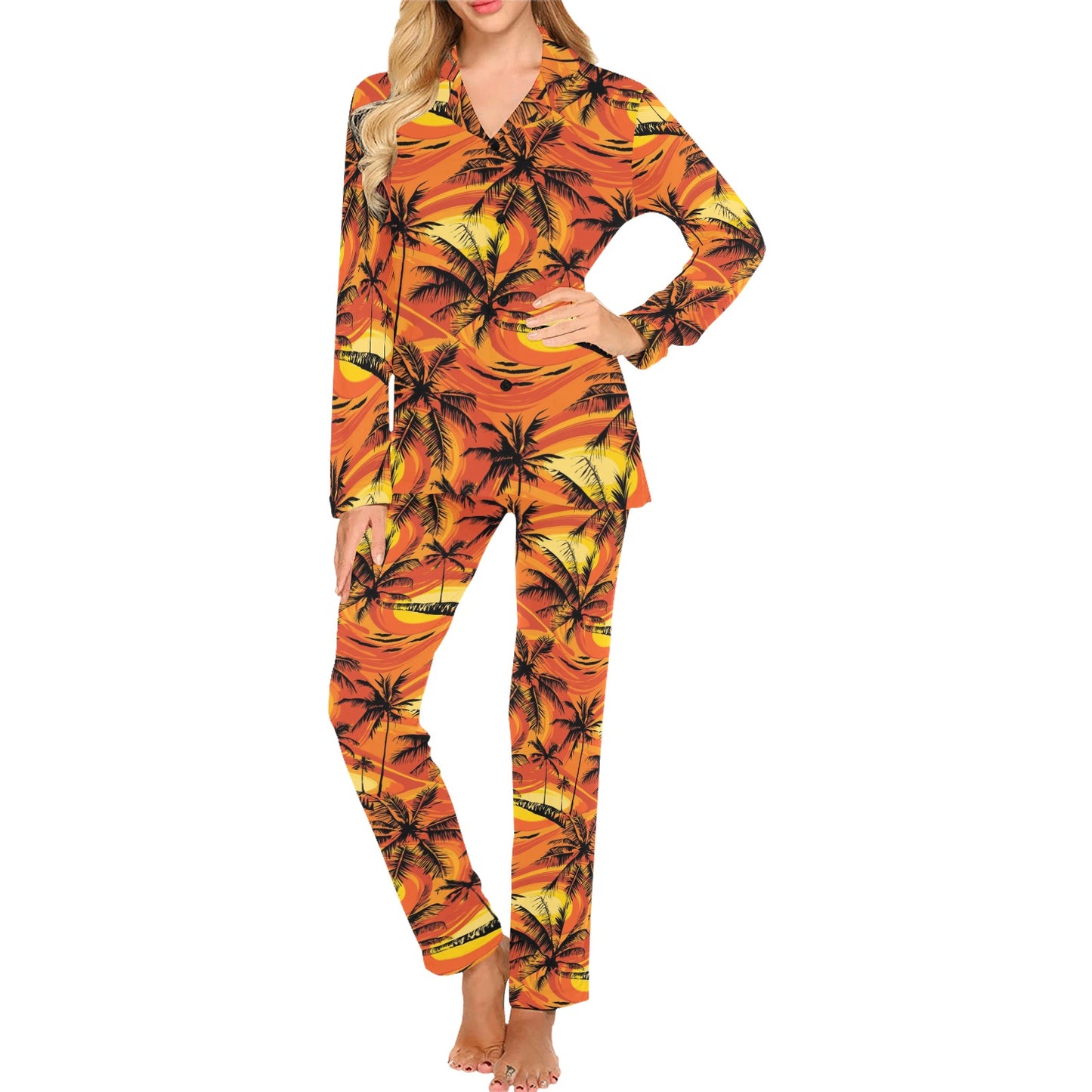 Palm Tree Pattern Print Design A02 Women's Long Pajama Set