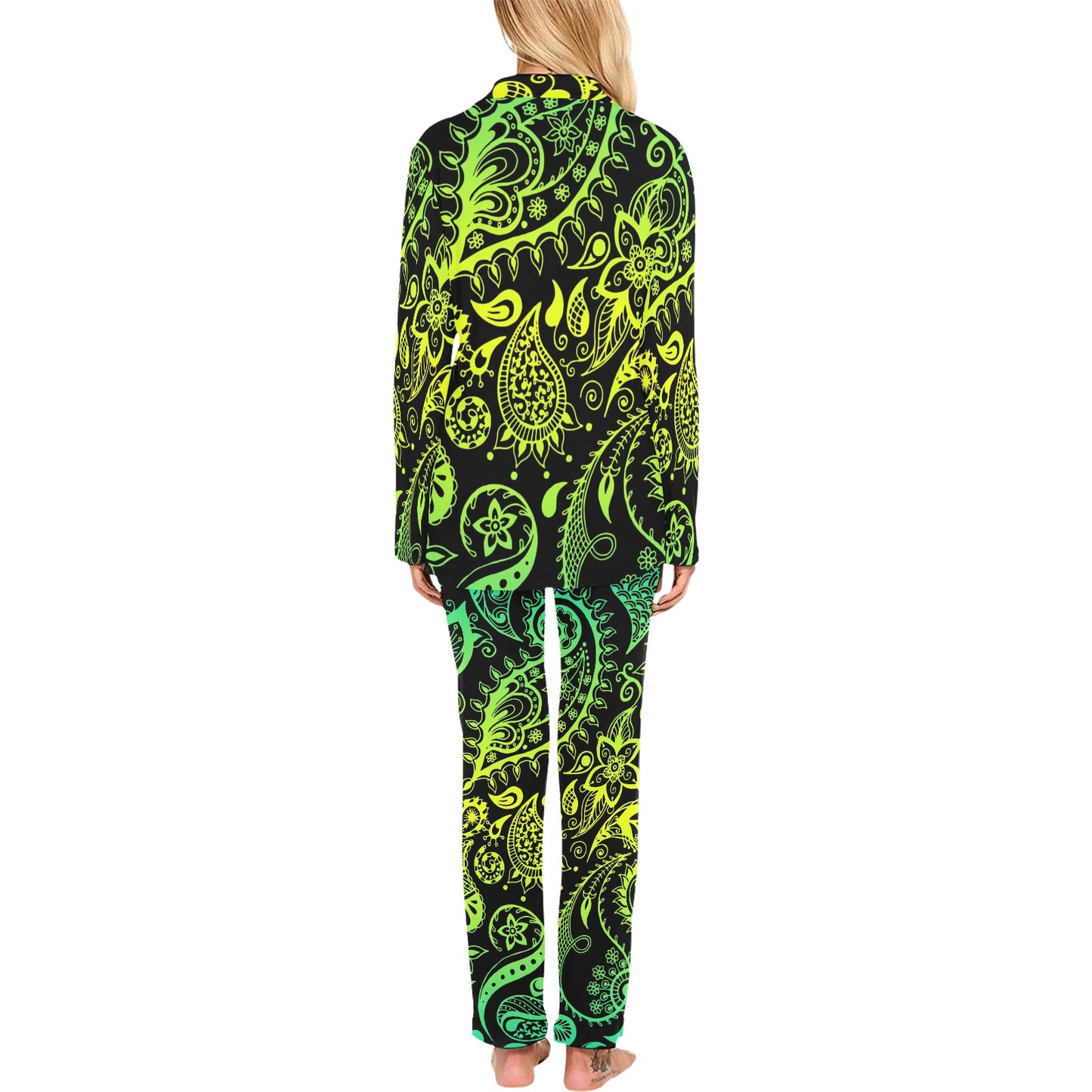 Paisley Green Design Print Women's Long Pajama Set