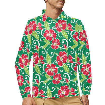 Red Hibiscus Pattern Print Design HB019 Long Sleeve Polo Shirt For Men's