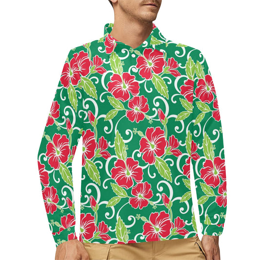 Red Hibiscus Pattern Print Design HB019 Long Sleeve Polo Shirt For Men's