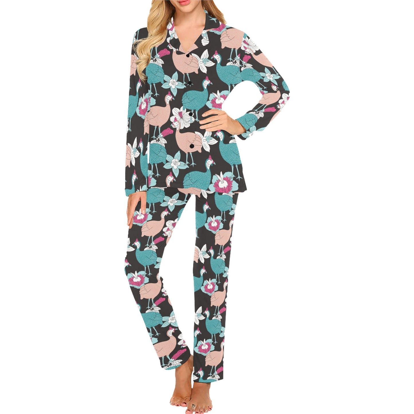 Guinea Fowl Pattern Print Design 03 Women's Long Pajama Set