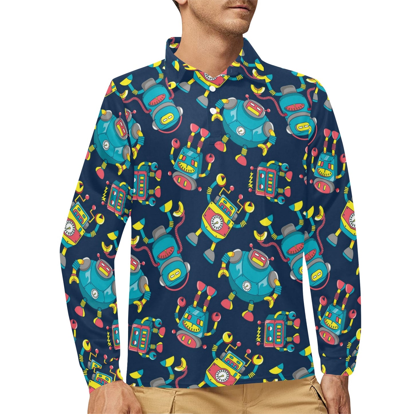 Robot Pattern Print Design A05 Long Sleeve Polo Shirt For Men's