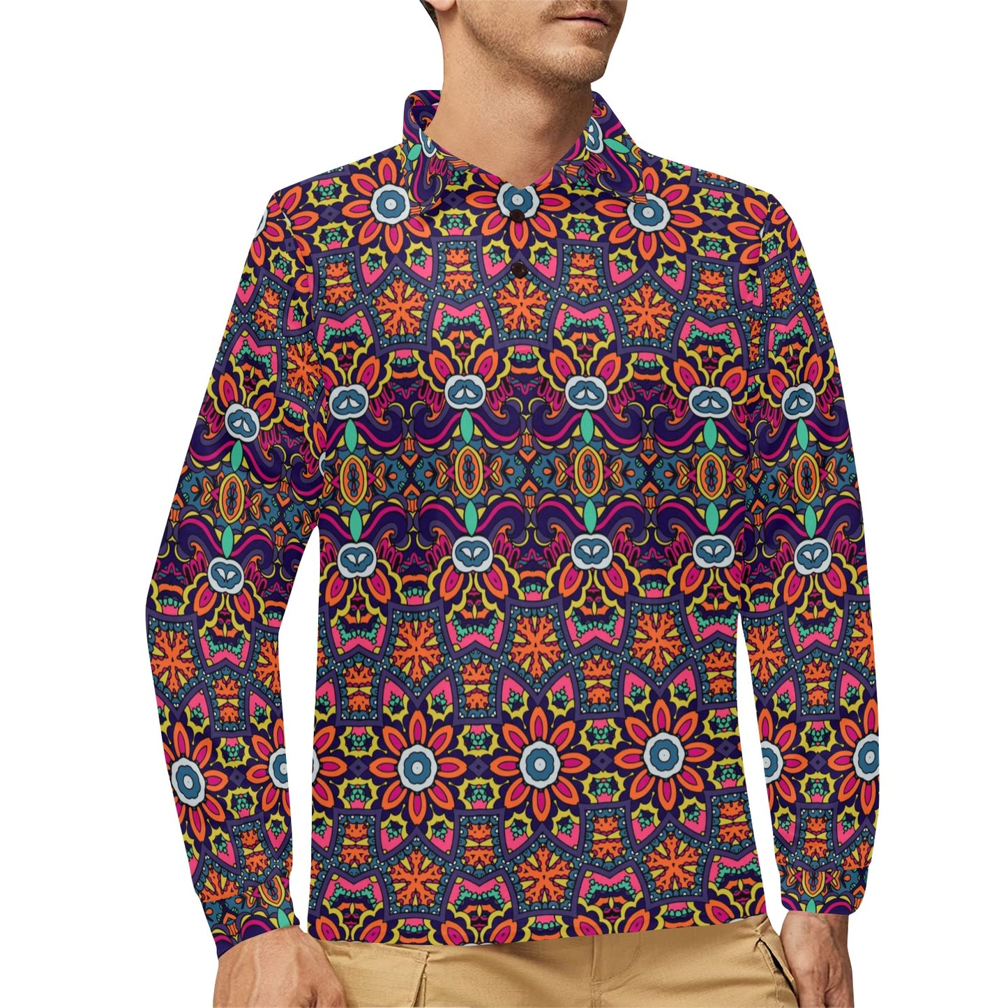 Ethnic Flower Style Print Pattern Long Sleeve Polo Shirt For Men's