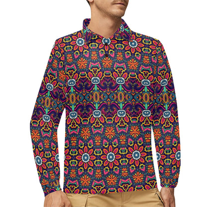 Ethnic Flower Style Print Pattern Long Sleeve Polo Shirt For Men's