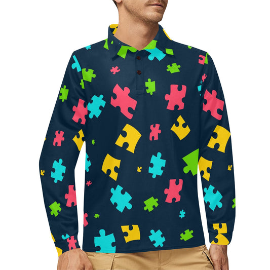 Autism Awareness Colorful Design Print Long Sleeve Polo Shirt For Men's