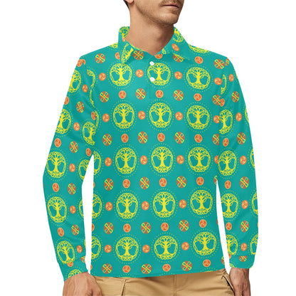 Celtic Tree of Life Print Pattern Long Sleeve Polo Shirt For Men's