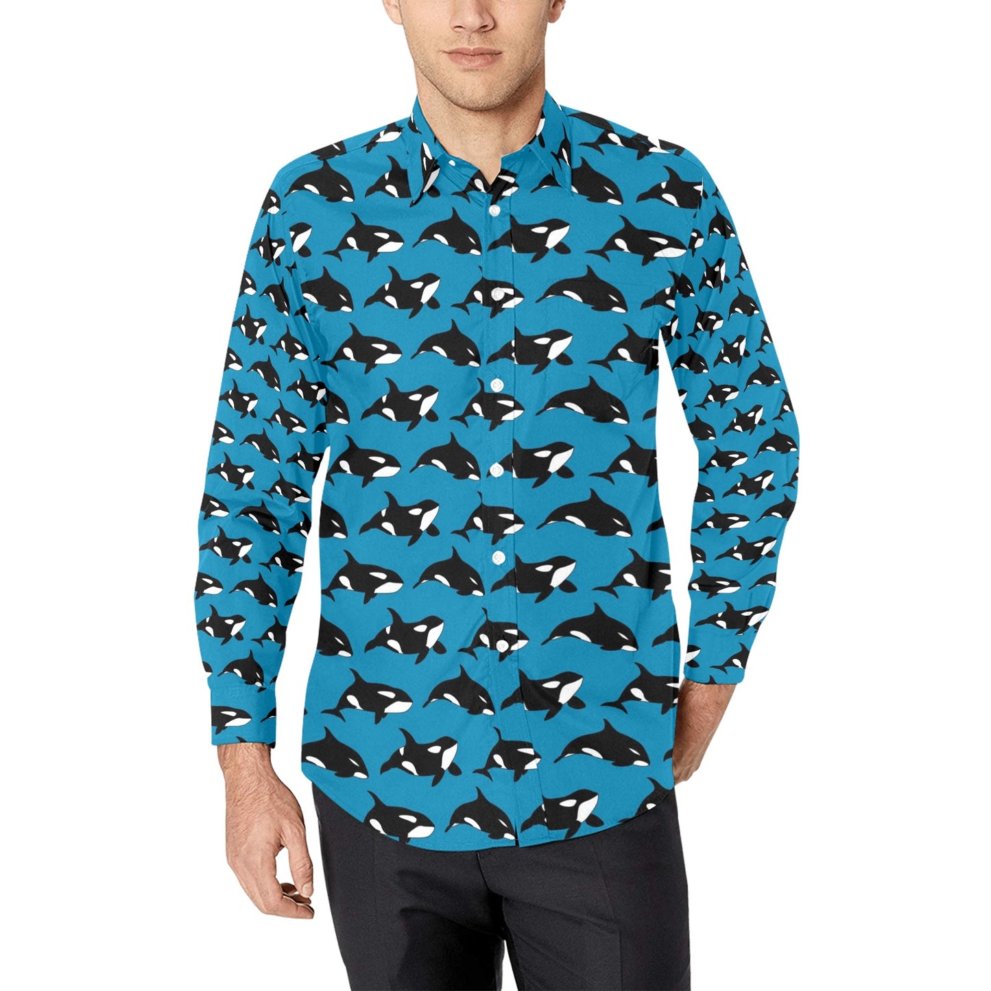 Whale Print Design LKS304 Men's Long Sleeve Dress Shirt