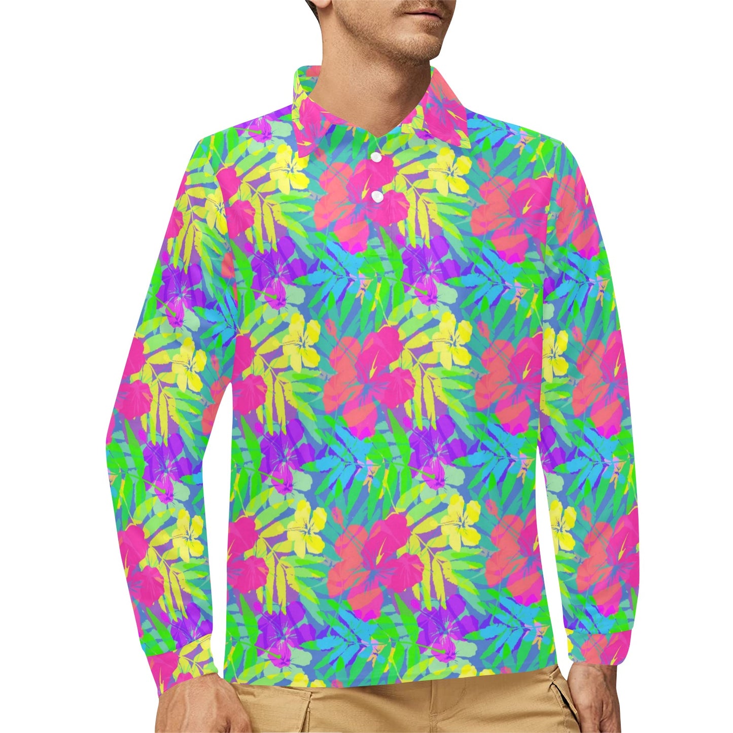 Neon Tropical Pattern Print Design A03 Long Sleeve Polo Shirt For Men's