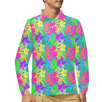 Neon Tropical Pattern Print Design A03 Long Sleeve Polo Shirt For Men's