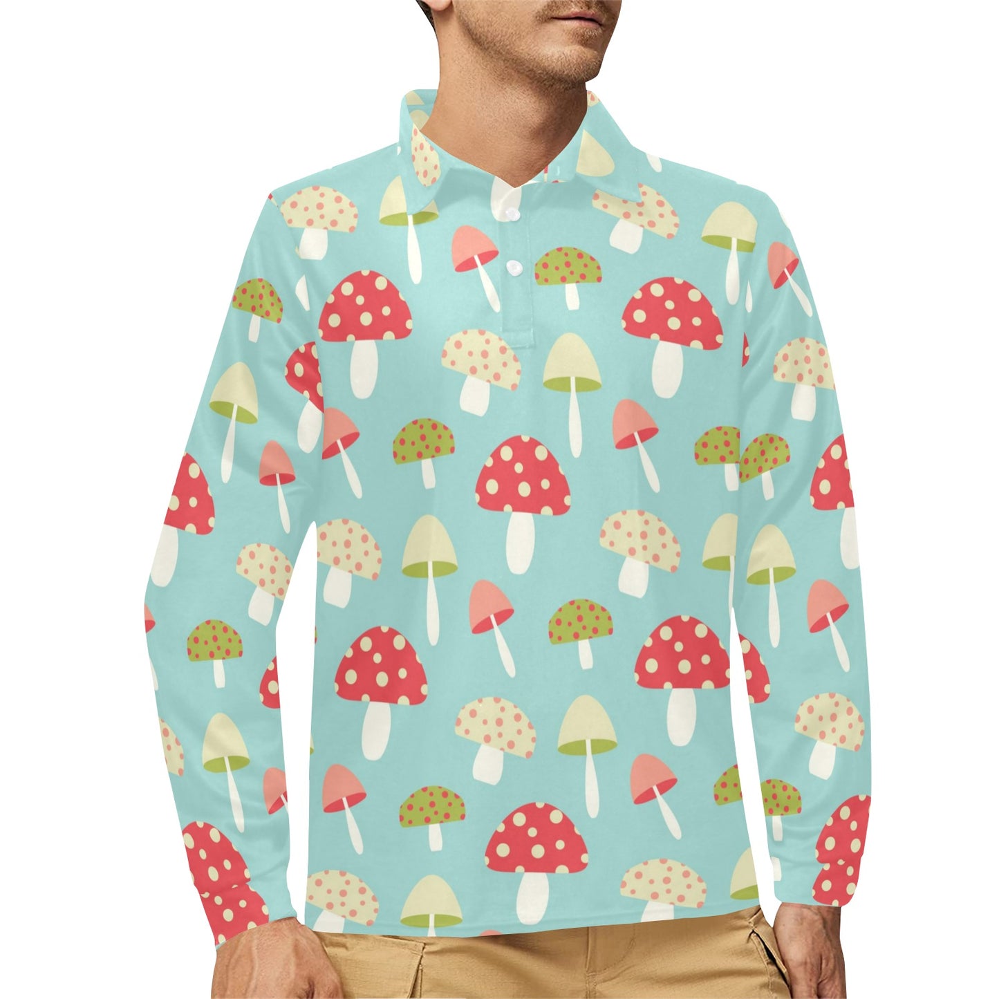 Mushroom Pattern Print Design A01 Long Sleeve Polo Shirt For Men's