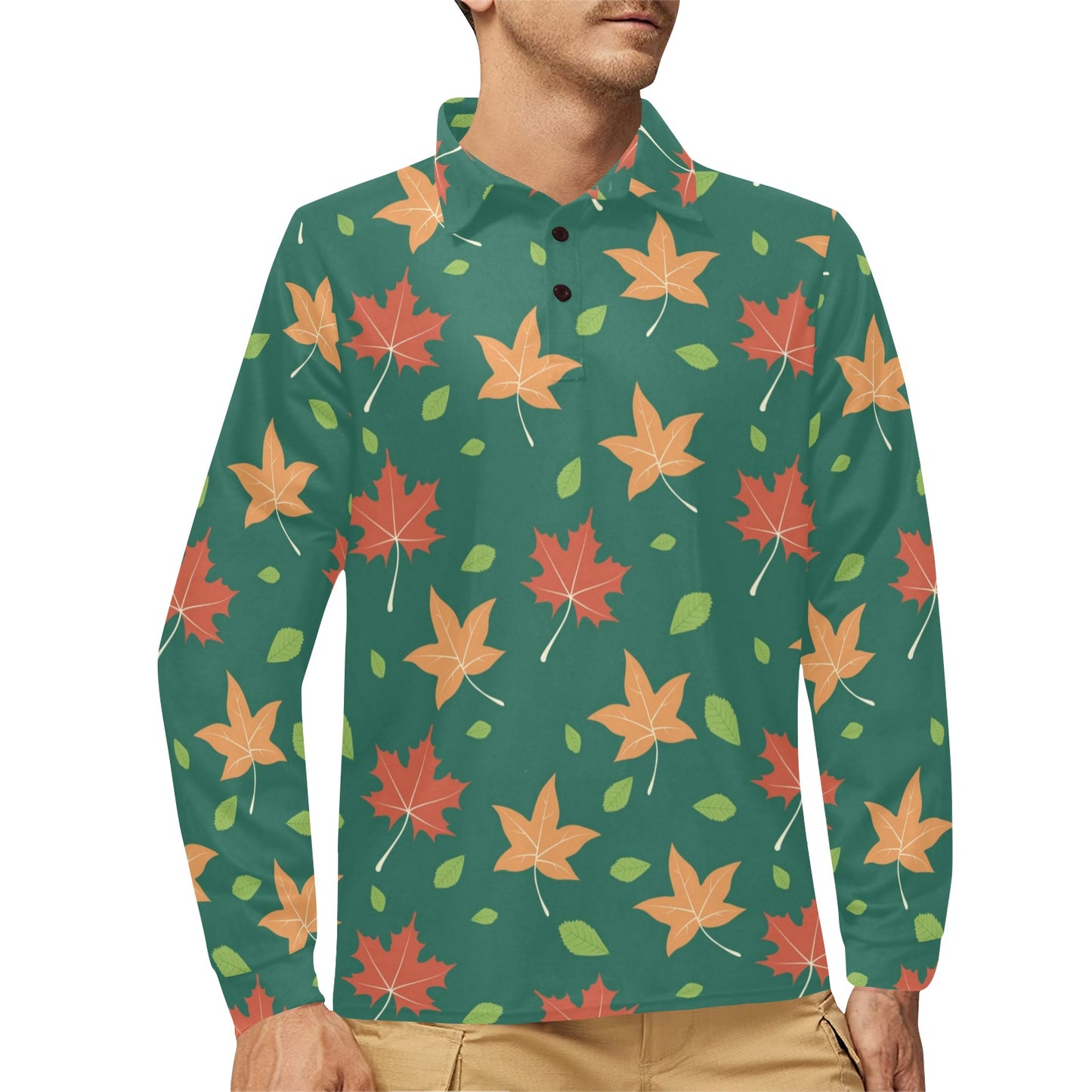 Maple Leaf Pattern Print Design 04 Long Sleeve Polo Shirt For Men's