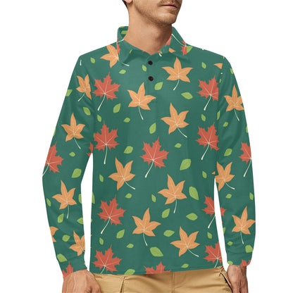 Maple Leaf Pattern Print Design 04 Long Sleeve Polo Shirt For Men's