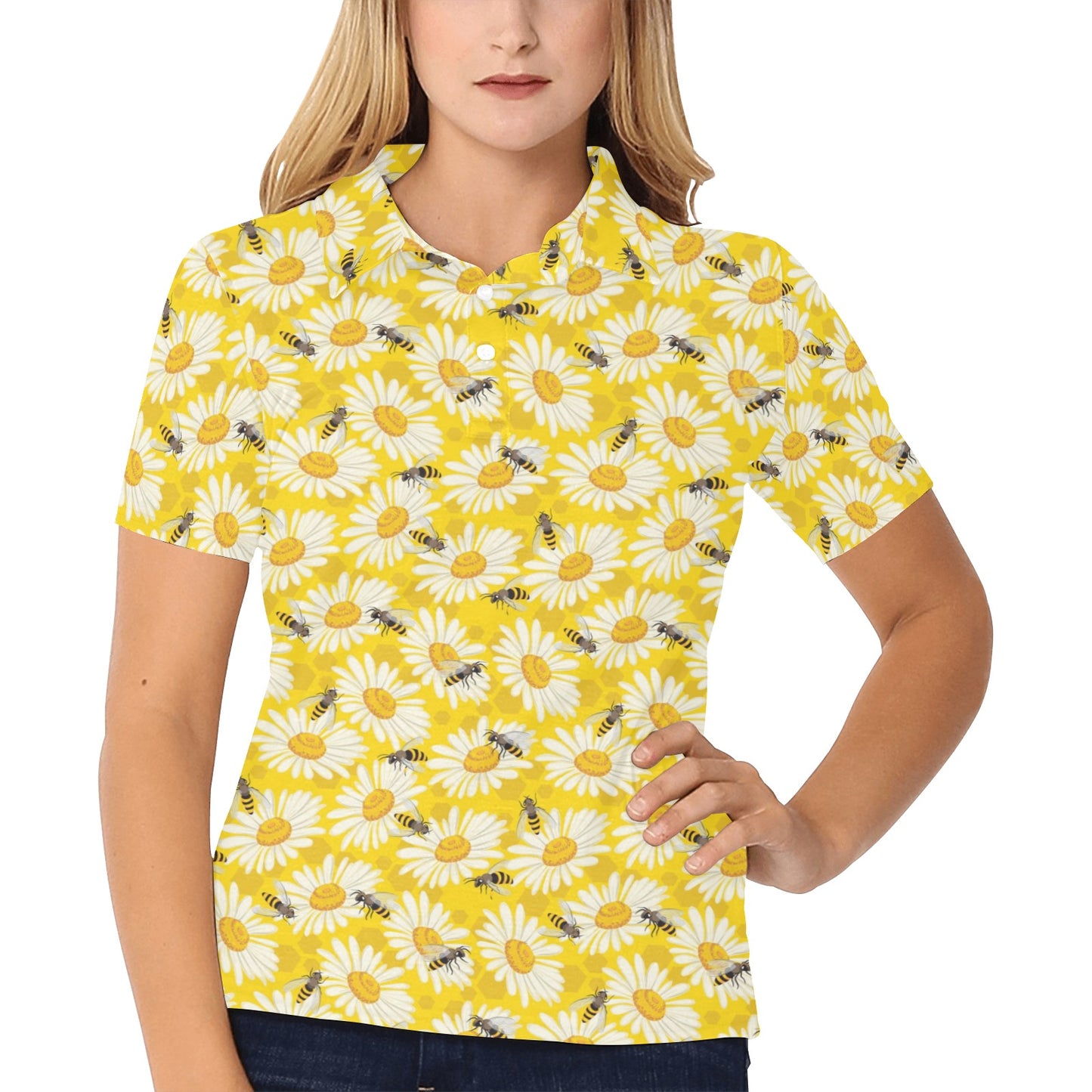 Bee Daisy Pattern Print Design 06 Women's Polo Shirt