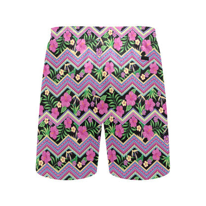 Hibiscus Pink Zigzag Line Pattern Design LKS307 Men's Swim Trunks Beach Shorts