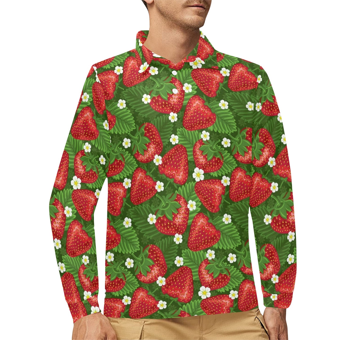 Strawberry Pattern Print Design SB05 Long Sleeve Polo Shirt For Men's