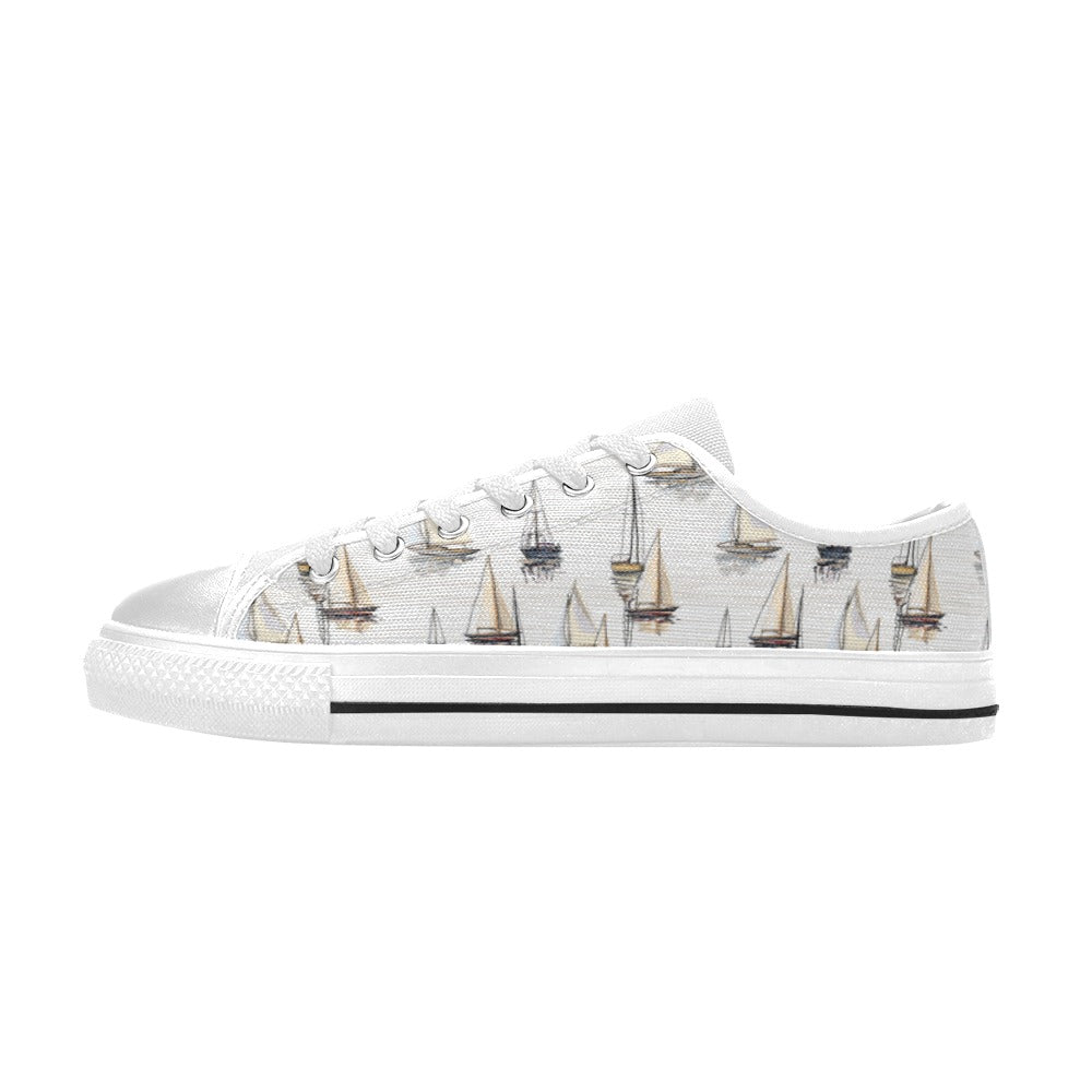 Sailboat Paint Pattern Print Design LKS307 Women's White Low Top Shoes