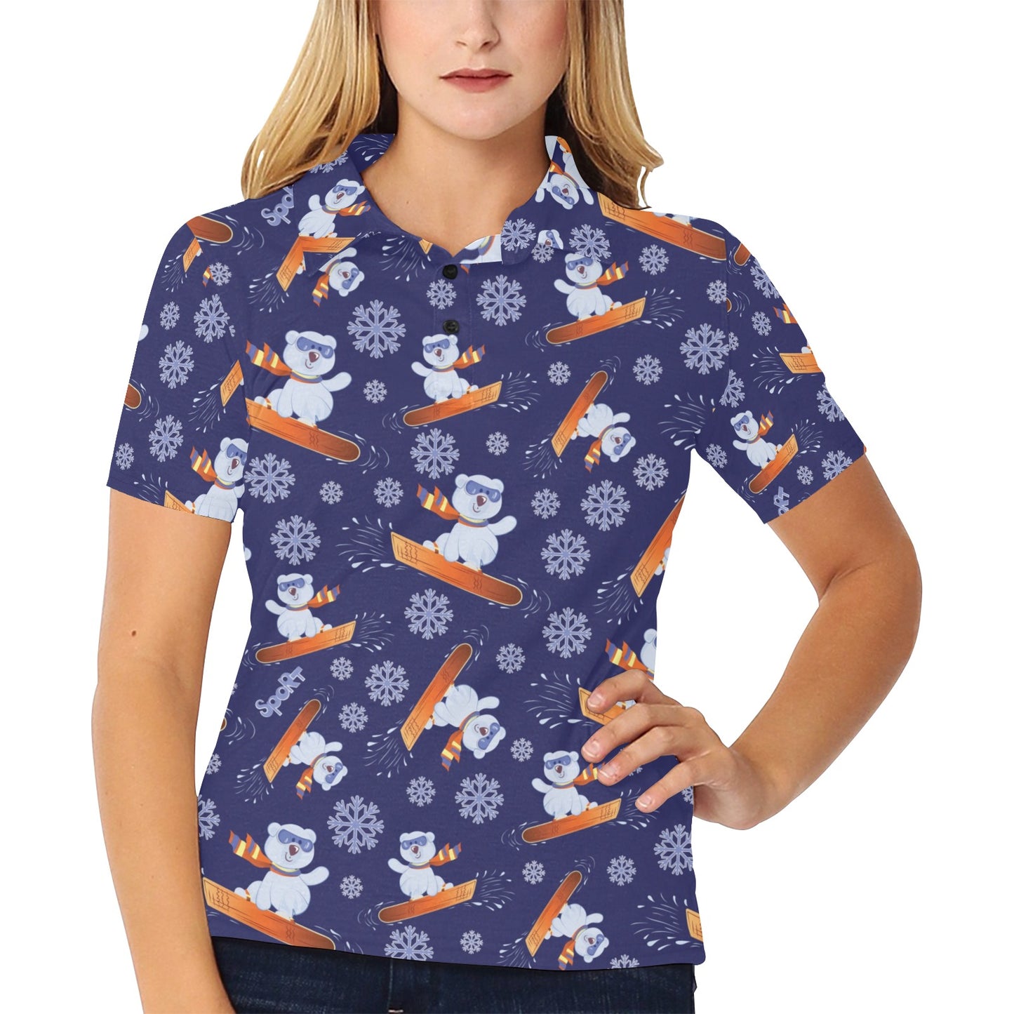 Snowboard Bear Print Design LKS305 Women's Polo Shirt