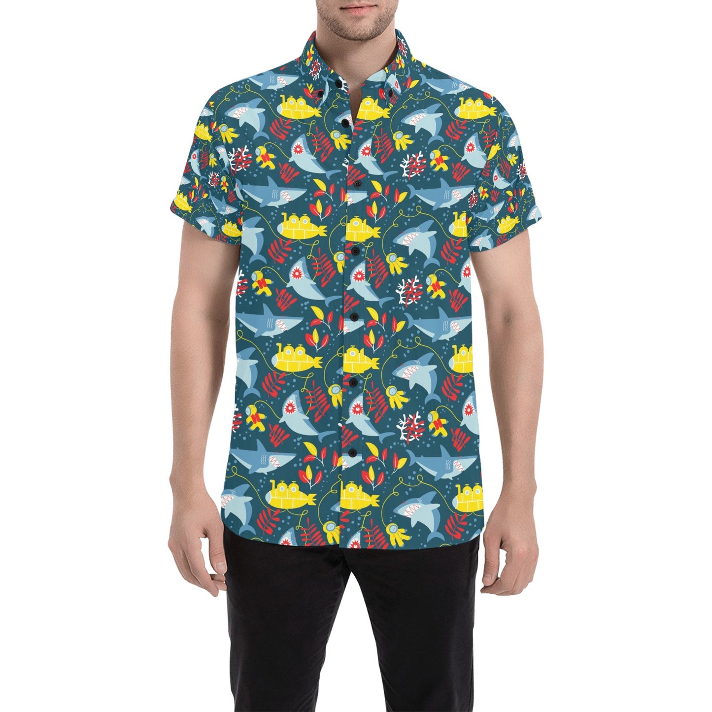Scuba With Sharks Print Design LKS303 Men Short Sleeve Button Up Shirt