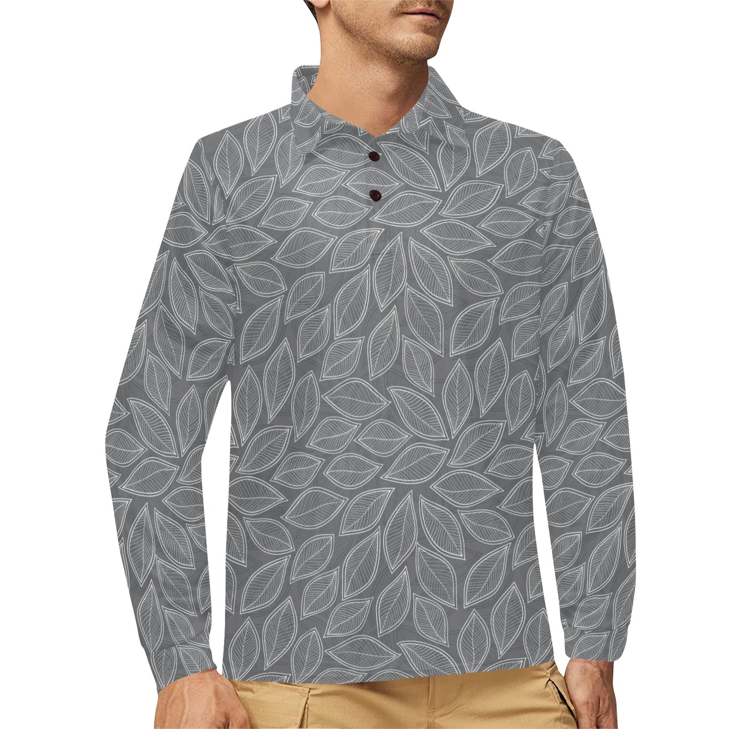 Elm Leave Grey Print Pattern Long Sleeve Polo Shirt For Men's