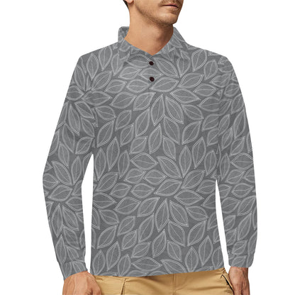 Elm Leave Grey Print Pattern Long Sleeve Polo Shirt For Men's