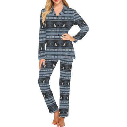 Wolf Tree of Life Knit Design Print Women's Long Pajama Set
